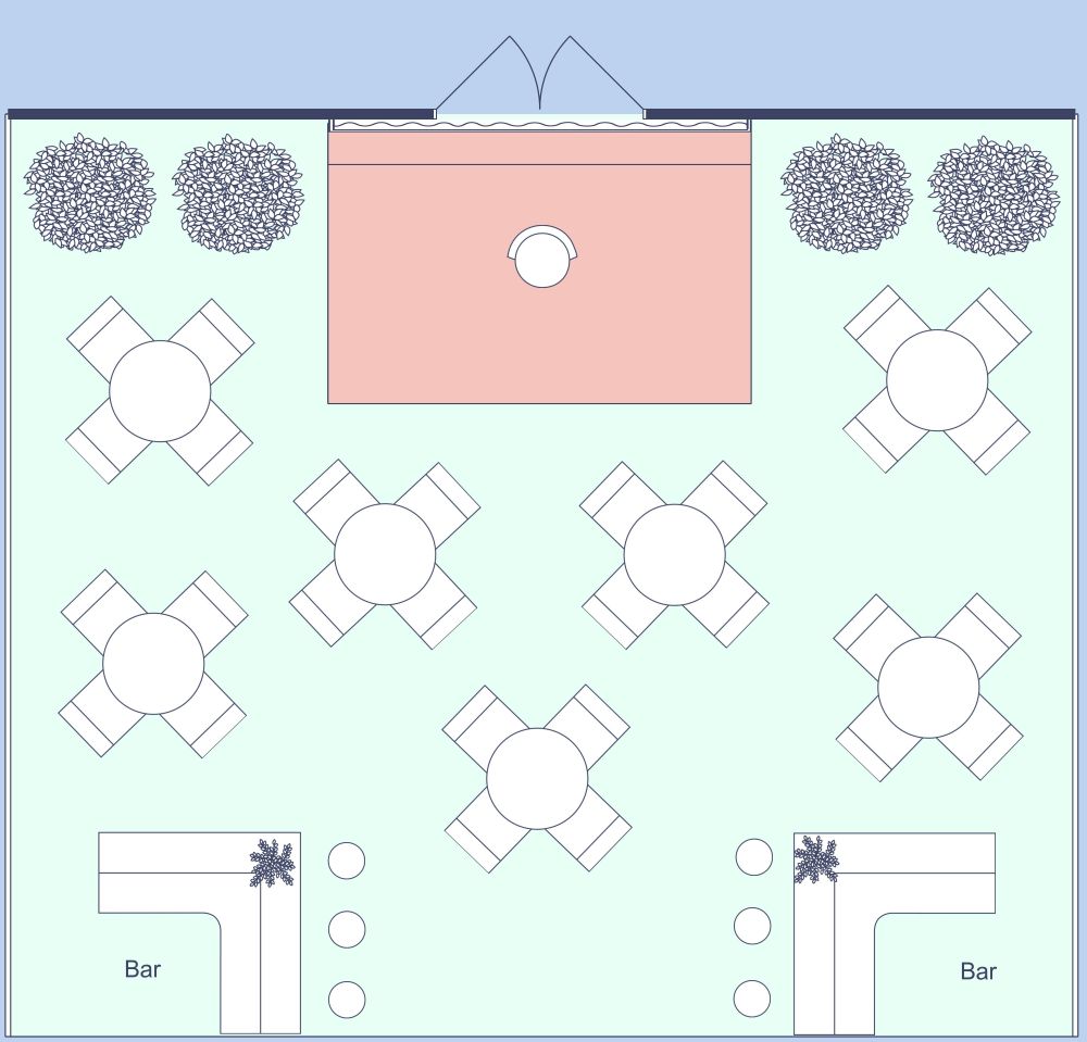 Grundriss für ein intime Konzertfläche im Freien mit Bar 2D Grundrisse