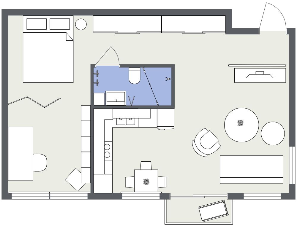 Schönes Studio-Apartment mit großem Schlafzimmer-Alkoven 2D Grundrisse
