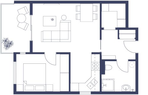 Grundriss für eine 2-Zimmer-Wohnung mit separatem Hauswirtschaftsraum