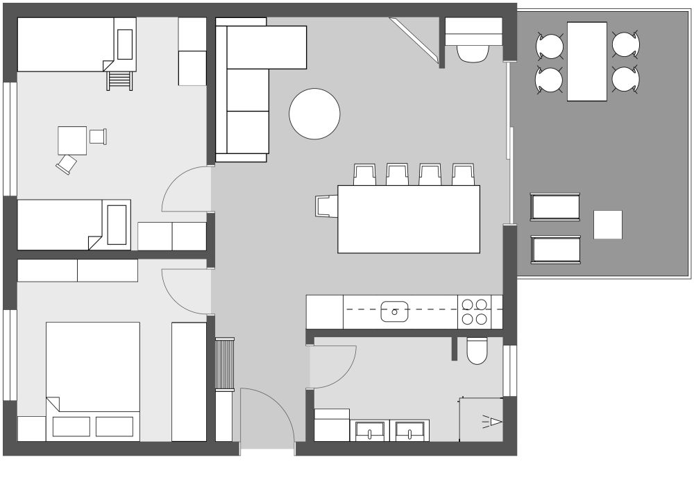 Grundriss für eine 3-Zimmer-Wohnung mit Eltern- und Kinderzimmer 2D Grundrisse