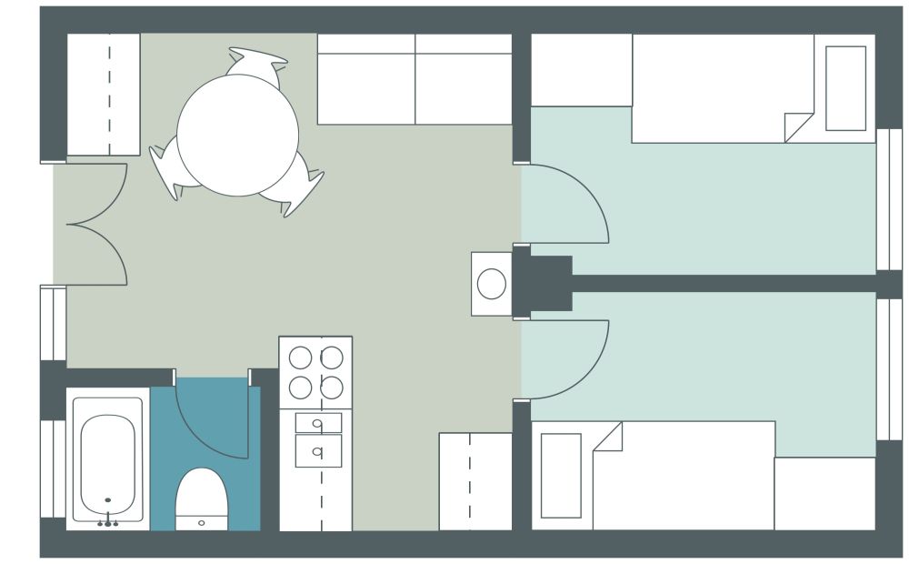 Apartment mit 2 Schlafzimmer für Studenten 2D Grundrisse
