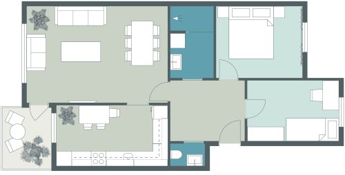Grundriss für eine Wohnung mit 2 Schlafzimmern und L-förmiger Küche
