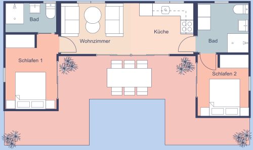 Grundriss für ein Tiny House mit 2 Schlafzimmern und Veranda