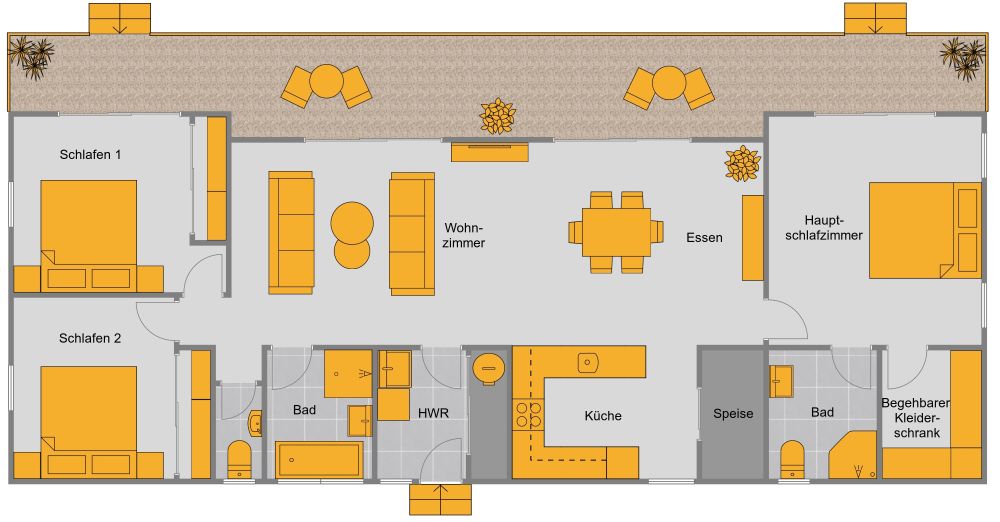 Grundriss für ein 4-Zimmer-Haus mit großem Balkon und guter Aussicht 2D Grundrisse