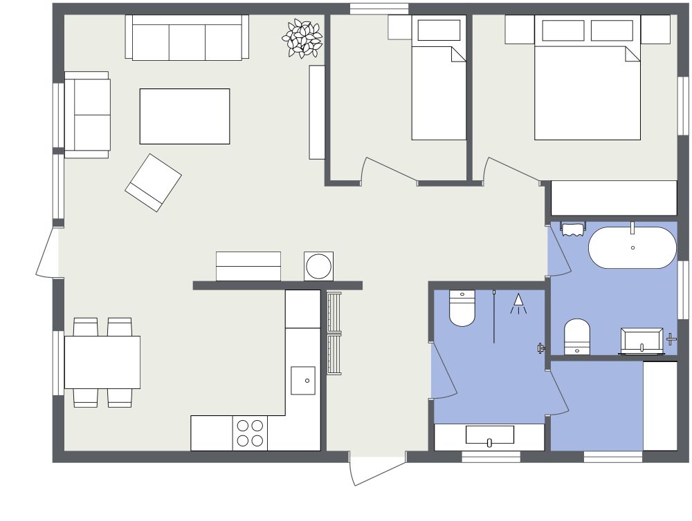 Praktischer Grundriss für ein Haus mit 2 Schlafzimmern und L-förmiger Küche 2D Grundrisse