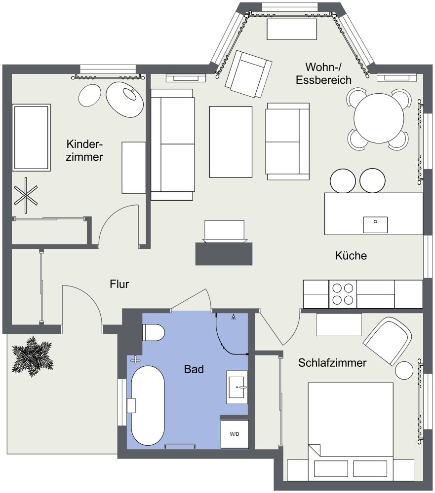 Farbenfroher Grundriss für ein Haus mit 1 Schlafzimmer und 1 Kinderzimmer 2D Grundrisse