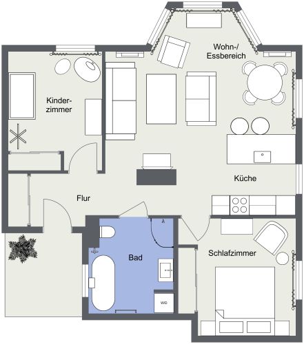 Farbenfroher Grundriss für ein Haus mit 1 Schlafzimmer und 1 Kinderzimmer