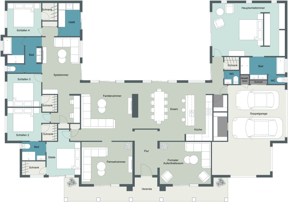 Grundriss für ein gemütliches Haus mit Garage 2D Grundrisse