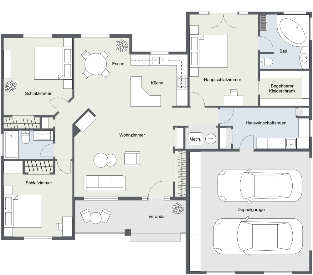 Moderner Grundriss mit blauen Akzenten 2D Grundrisse