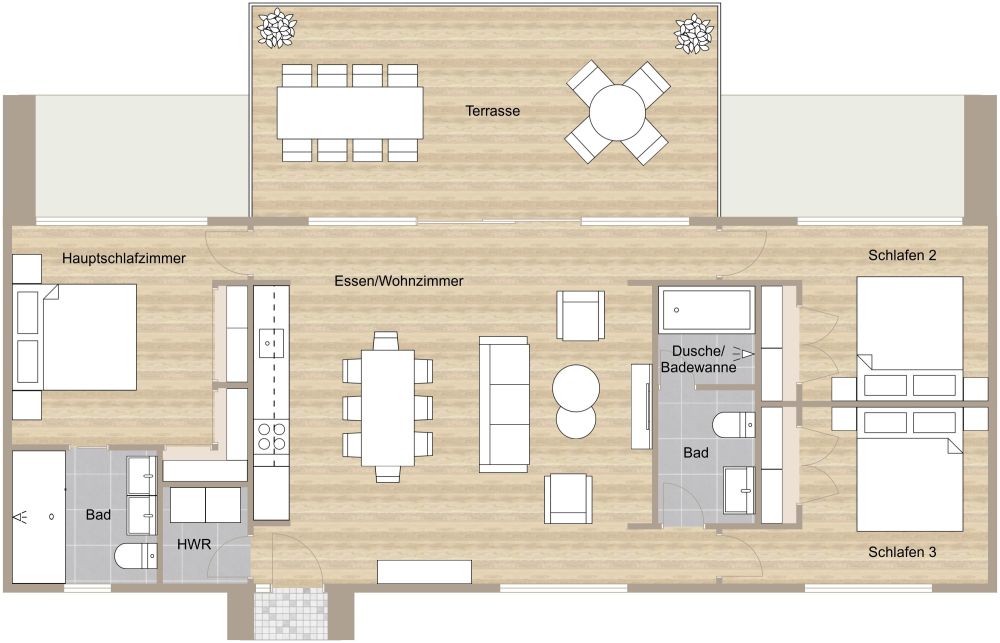 Delikater 4-Zimmer-Grundriss mit Außenbereich 2D Grundrisse