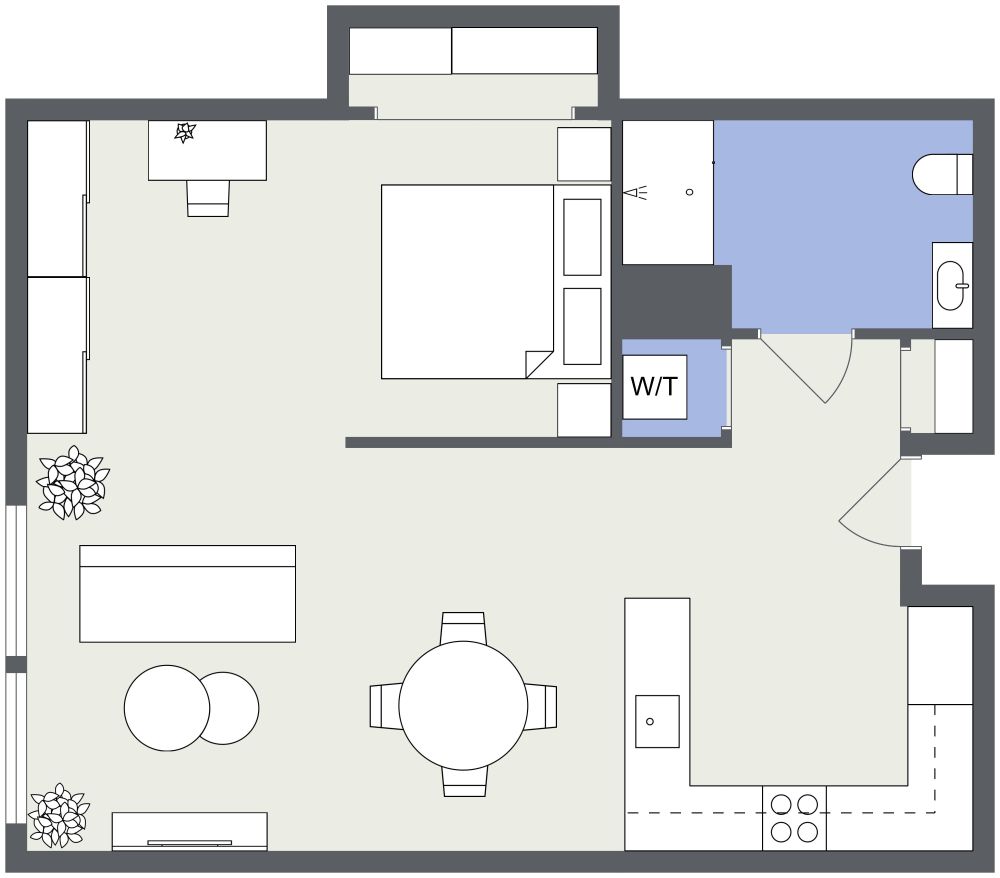 Grundriss für eine stilvolle 1-Zimmer-Wohnung mit U-förmiger Küche 2D Grundrisse
