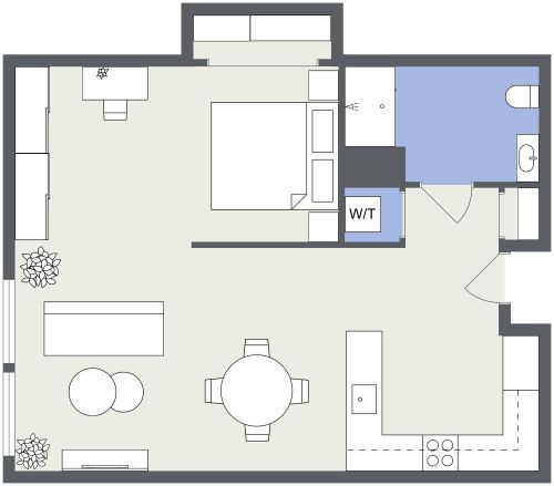Grundriss für eine stilvolle 1-Zimmer-Wohnung mit U-förmiger Küche