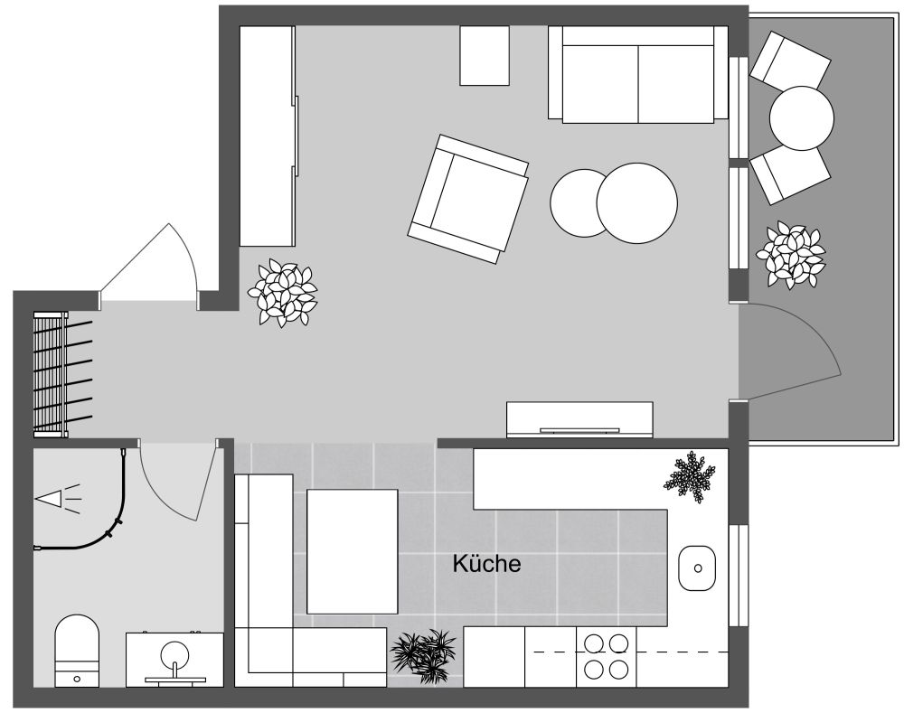 Grundriss für ein warmes und elegantes Studio-Apartment mit Balkon 2D Grundrisse