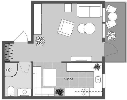 Grundriss für ein warmes und elegantes Studio-Apartment mit Balkon