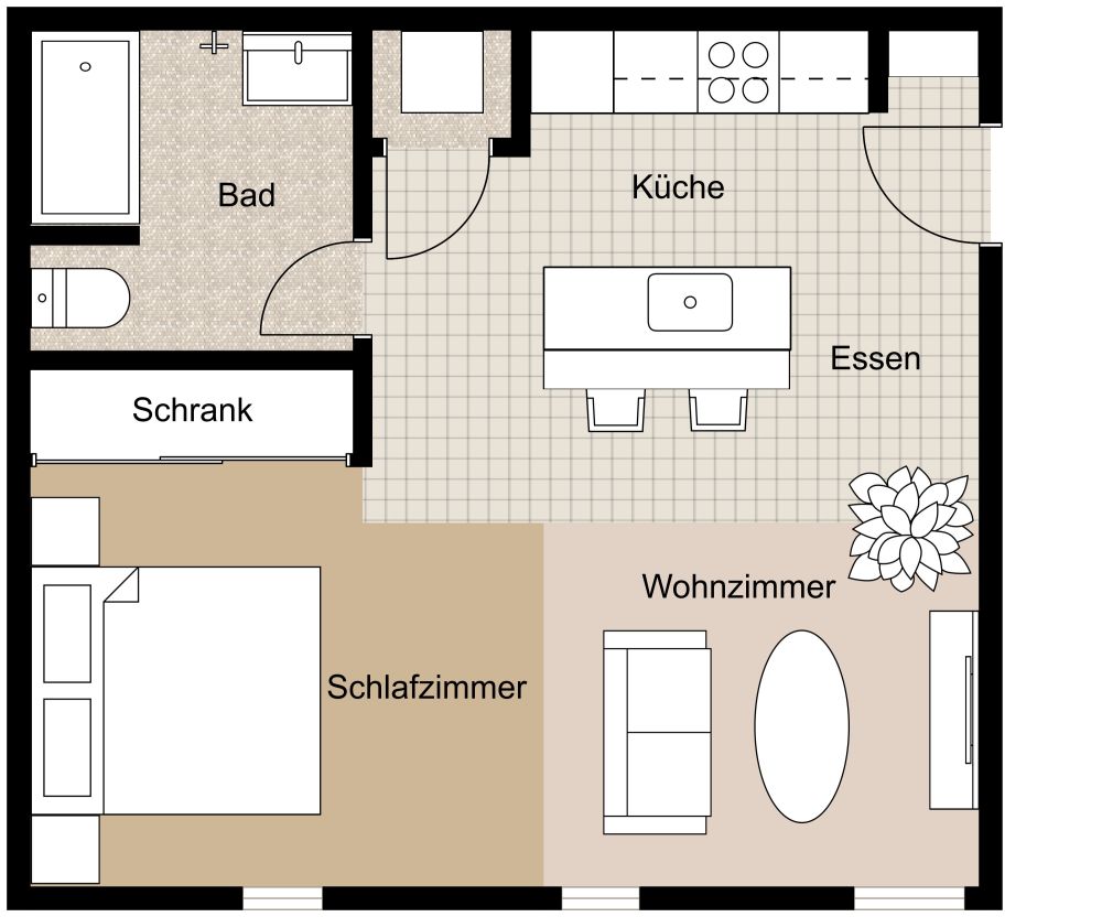 Grundriss für eine moderne 1-Zimmer-Wohnung mit Kücheninsel 2D Grundrisse