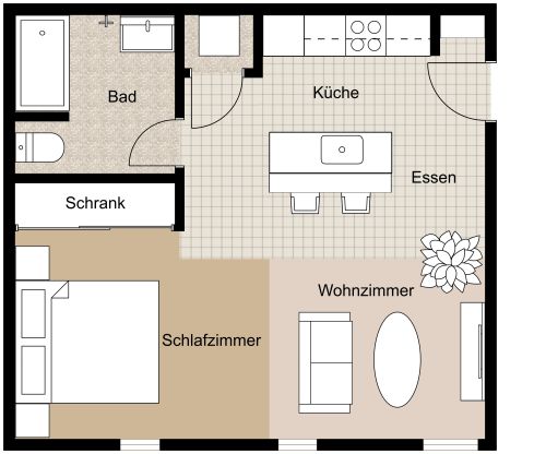 Grundriss für eine moderne 1-Zimmer-Wohnung mit Kücheninsel