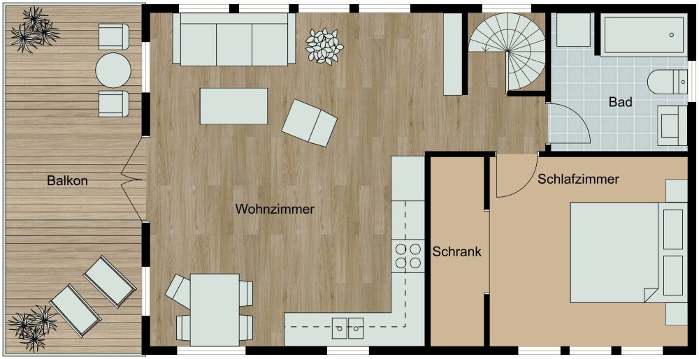 Grundriss für eine Garagenwohnung mit Balkon 2D Grundrisse