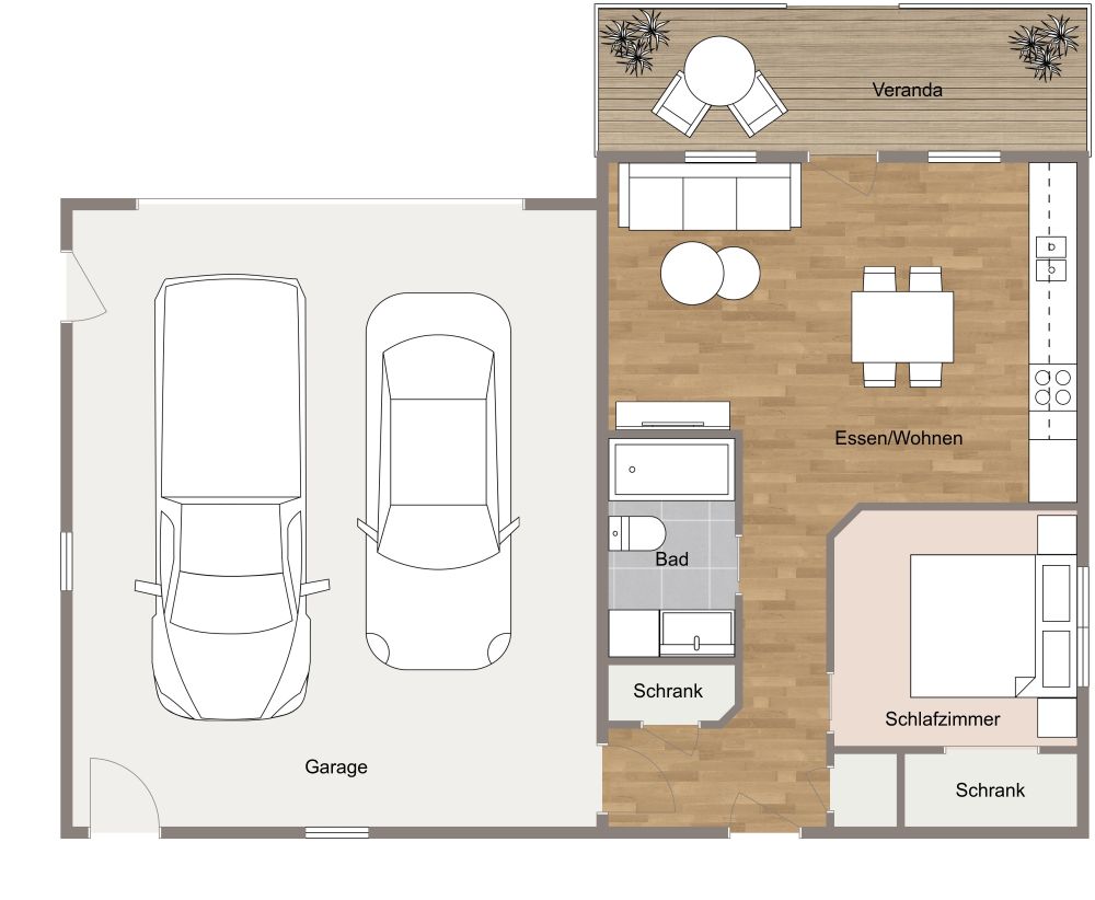 Grundriss für eine 2-Zimmer-Garagenwohnung mit eigener Veranda 2D Grundrisse