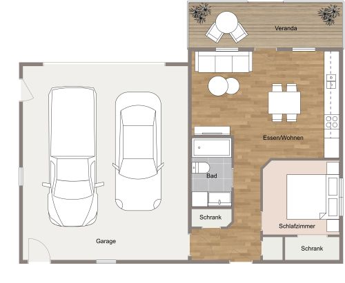 Grundriss für eine 2-Zimmer-Garagenwohnung mit eigener Veranda