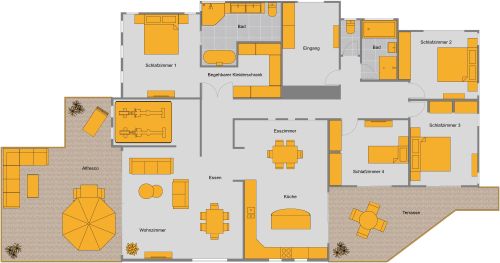 Warmer und stilvoller Grundriss mit Außenbereichen