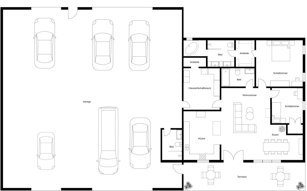 Grundriss für ein Haus mit 2 Schlafzimmern und Garage für 6 Autos 2D Grundrisse