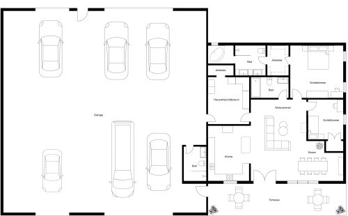 Grundriss für ein Haus mit 2 Schlafzimmern und Garage für 6 Autos