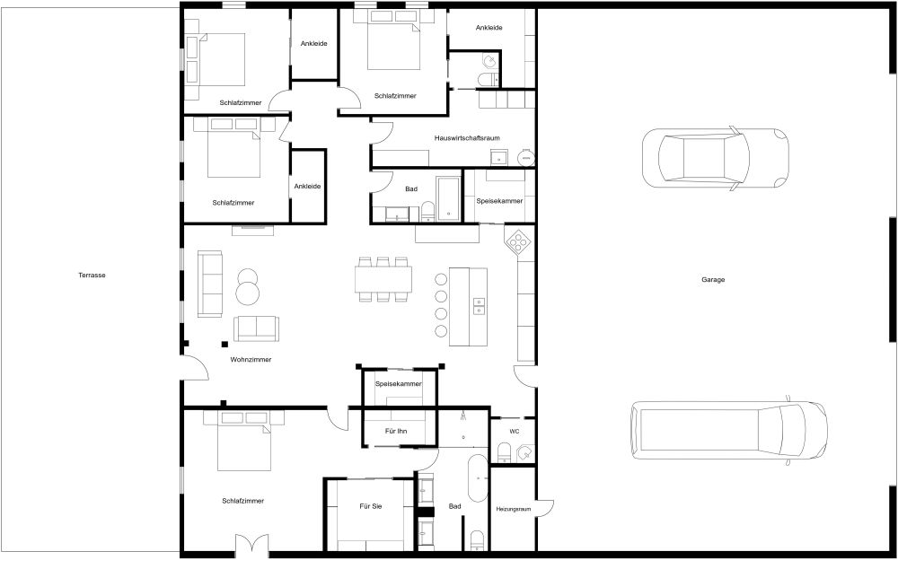 Grundriss für ein Haus mit 4 Schlafzimmern und großer Garage 2D Grundrisse