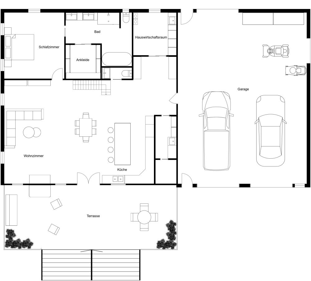 Grundriss für ein großes Haus mit 1 Schlafzimmer und Doppelgarage 2D Grundrisse