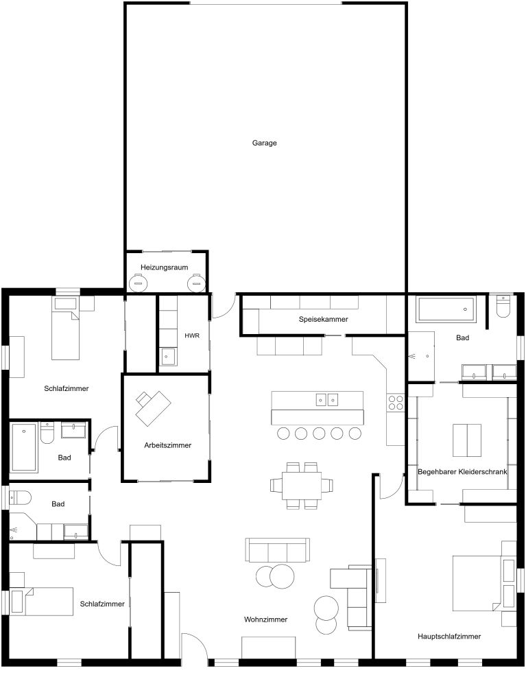 Grundriss für ein Haus mit 3 Schlafzimmern und 1 Arbeitszimmer 2D Grundrisse