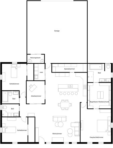 Grundriss für ein Haus mit 3 Schlafzimmern und 1 Arbeitszimmer