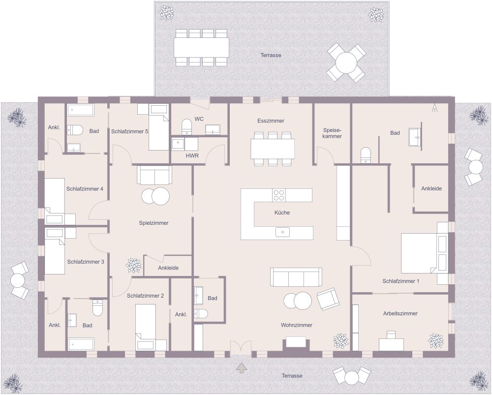 Grundriss für ein Haus mit 5 Schlafzimmern und großer Terrasse 2D Grundrisse