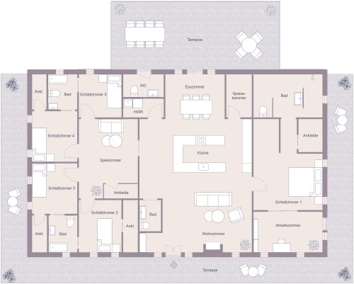 Grundriss für ein Haus mit 5 Schlafzimmern und großer Terrasse