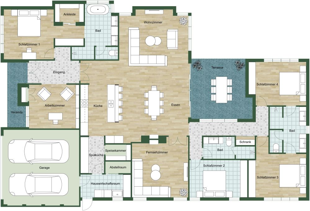 Grundriss für ein Haus mit 4 Schlafzimmern und großer Kücheninsel 2D Grundrisse
