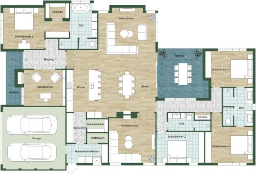 Grundriss für ein Haus mit 4 Schlafzimmern und großer Kücheninsel