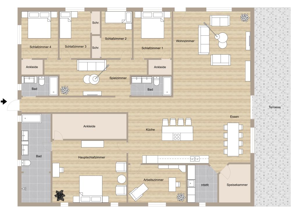 Grundriss für eine Wohnung mit 5 Schlafzimmern und 3 Bädern 2D Grundrisse