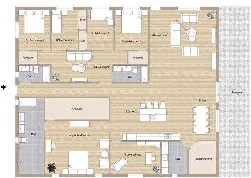 Grundriss für eine Wohnung mit 5 Schlafzimmern und 3 Bädern