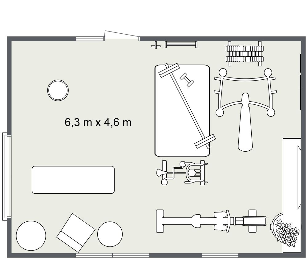Grundriss für ein Fitnessraum mit gelben Akzentfarben 2D Grundrisse