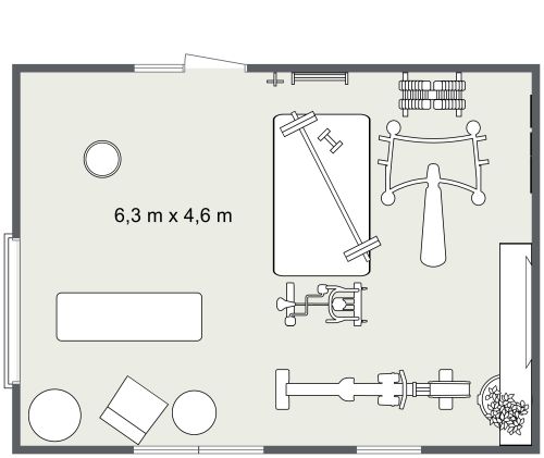 Grundriss für ein Fitnessraum mit gelben Akzentfarben