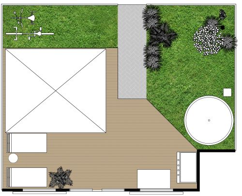 Grüner Garten mit Terrassendeck