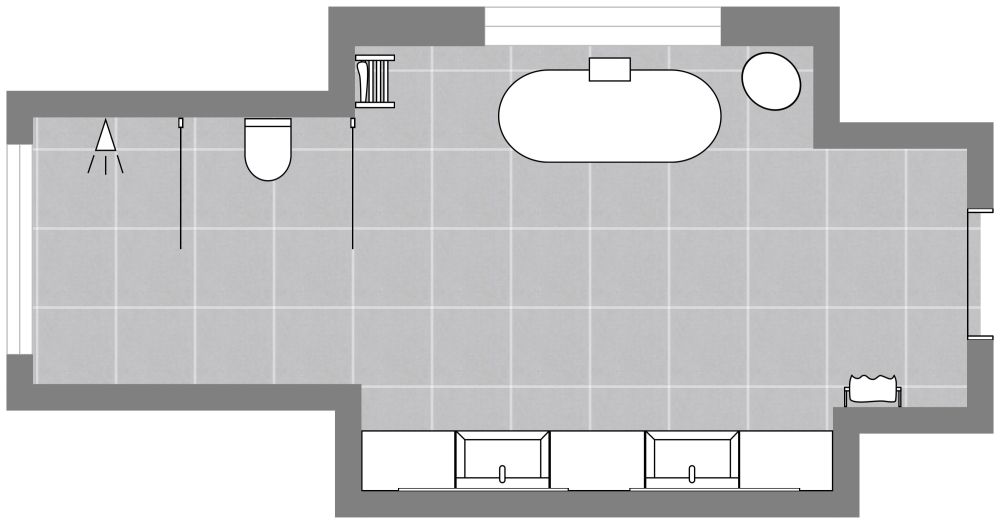 Grundriss für ein modernes, vollausgestattetes Bad 2D Grundrisse