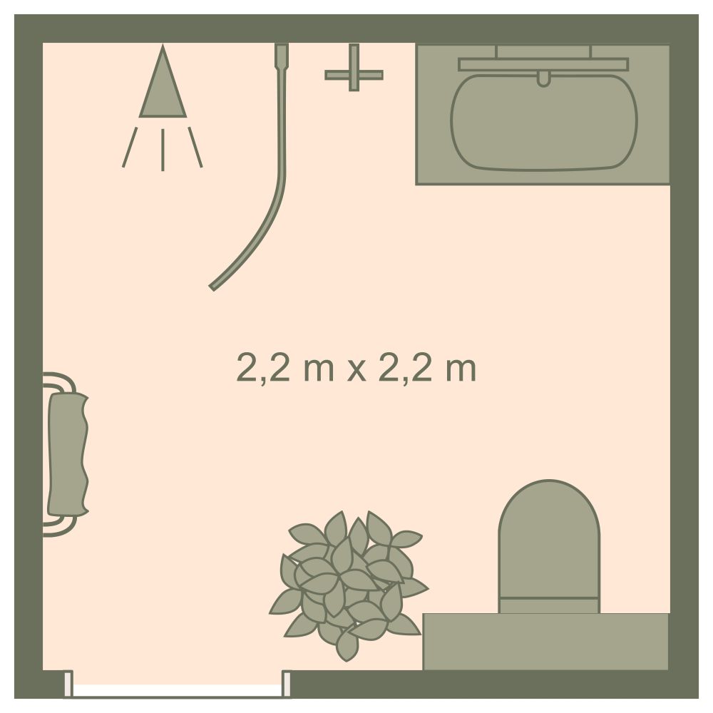 Grundriss für ein quadratisches Badezimmer im industriellen Stil 2D Grundrisse
