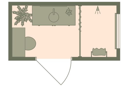 Grundriss für ein Badezimmer mit türkisfarbenen Details