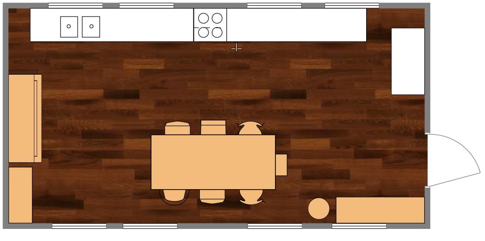 Küche an einer Wand mit vielen Fenstern 2D Grundrisse