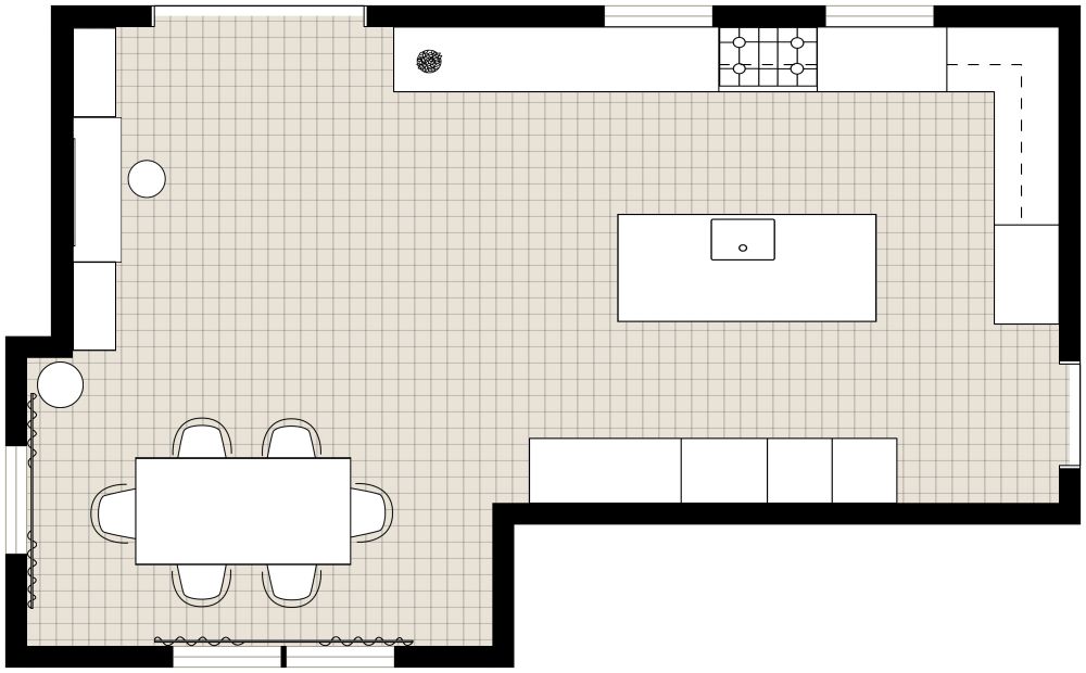 Grundriss für eine geräumige L-förmige Küche mit Insel 2D Grundrisse