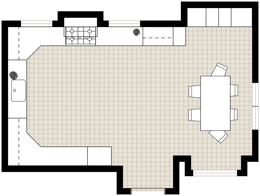 U-förmige Küche mit mintgrünen Schränken und Essbereich 2D Grundrisse