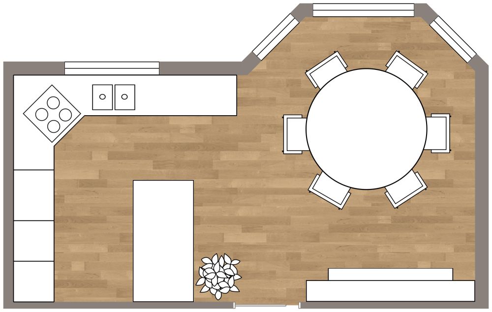 Schöne, rustikale Küche mit Essbereich und Erkerfenster 2D Grundrisse