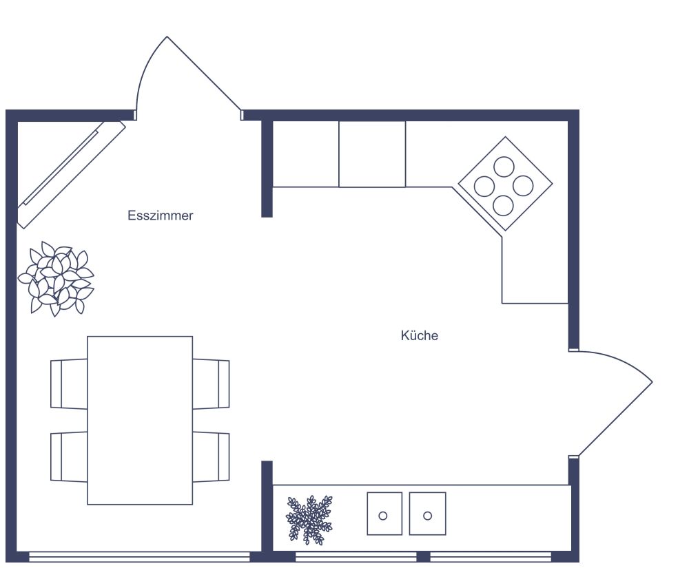 Grundriss für eine Küche mit gemütlicher Essecke und Kamin 2D Grundrisse