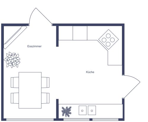 Grundriss für eine Küche mit gemütlicher Essecke und Kamin