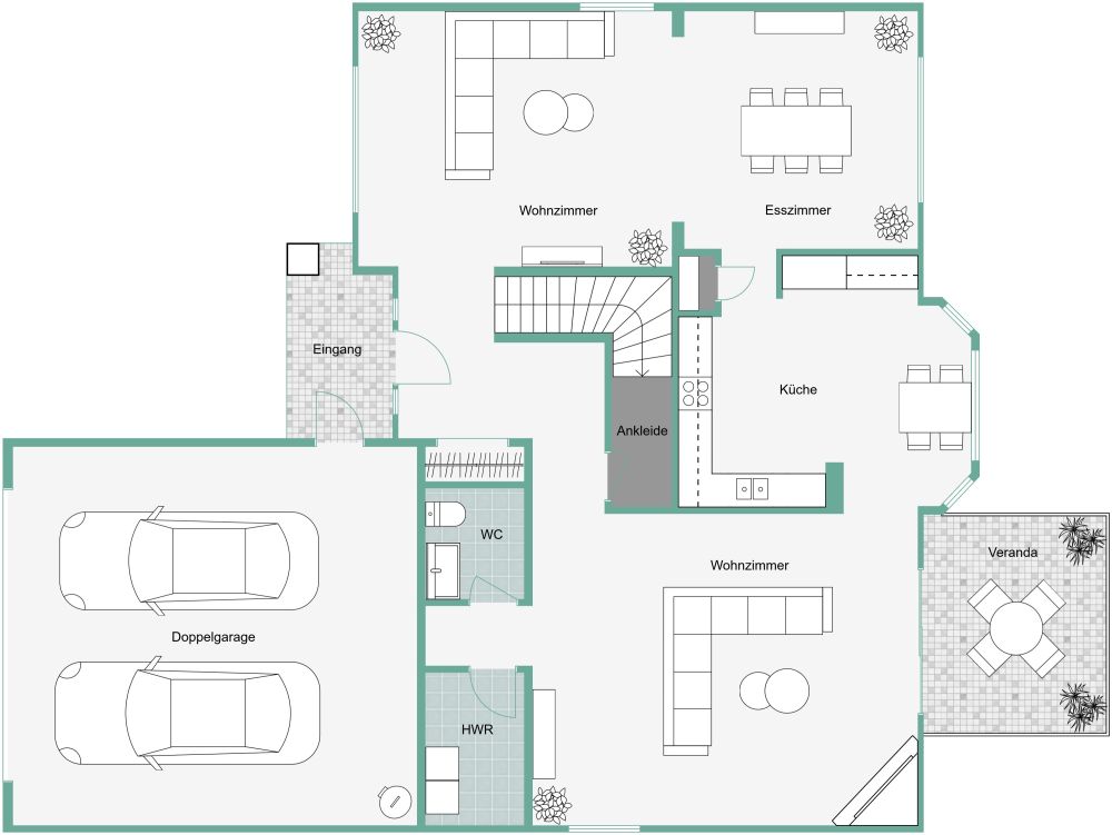 Grundriss für ein modernes Haus mit großer Garage 2D Grundrisse