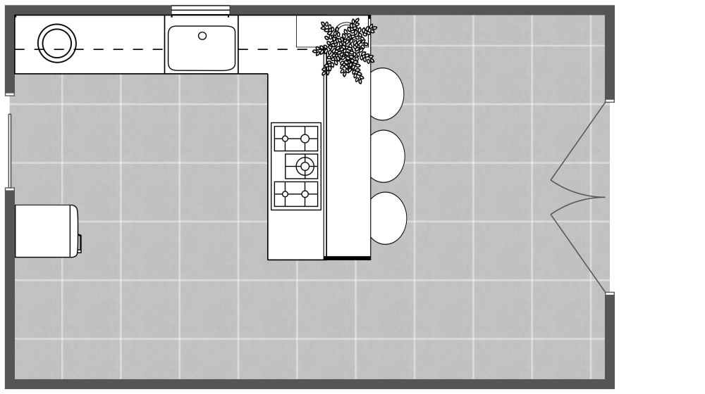 L-förmige Küche mit Halbinsel 2D Grundrisse